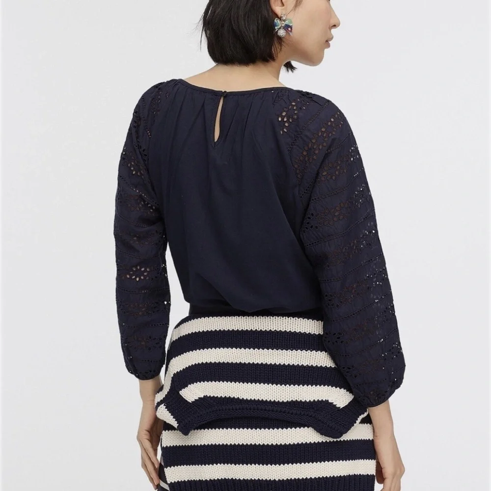 J. Crew Eyelet Navy 3/4 Sleeve Top Size Small